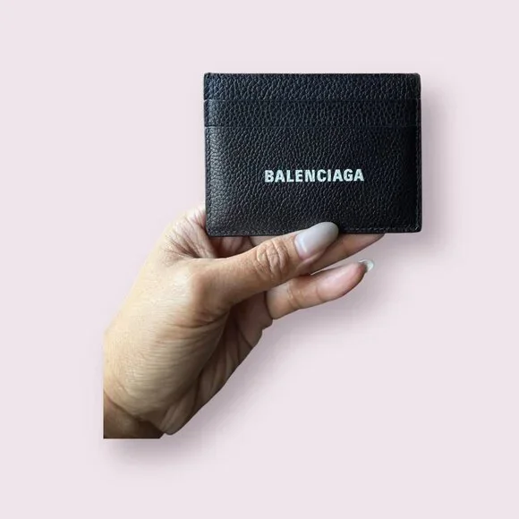 NWOT Balenciaga Black Pebbled Leather Card Holder | Logo Print - Picture 3 of 4